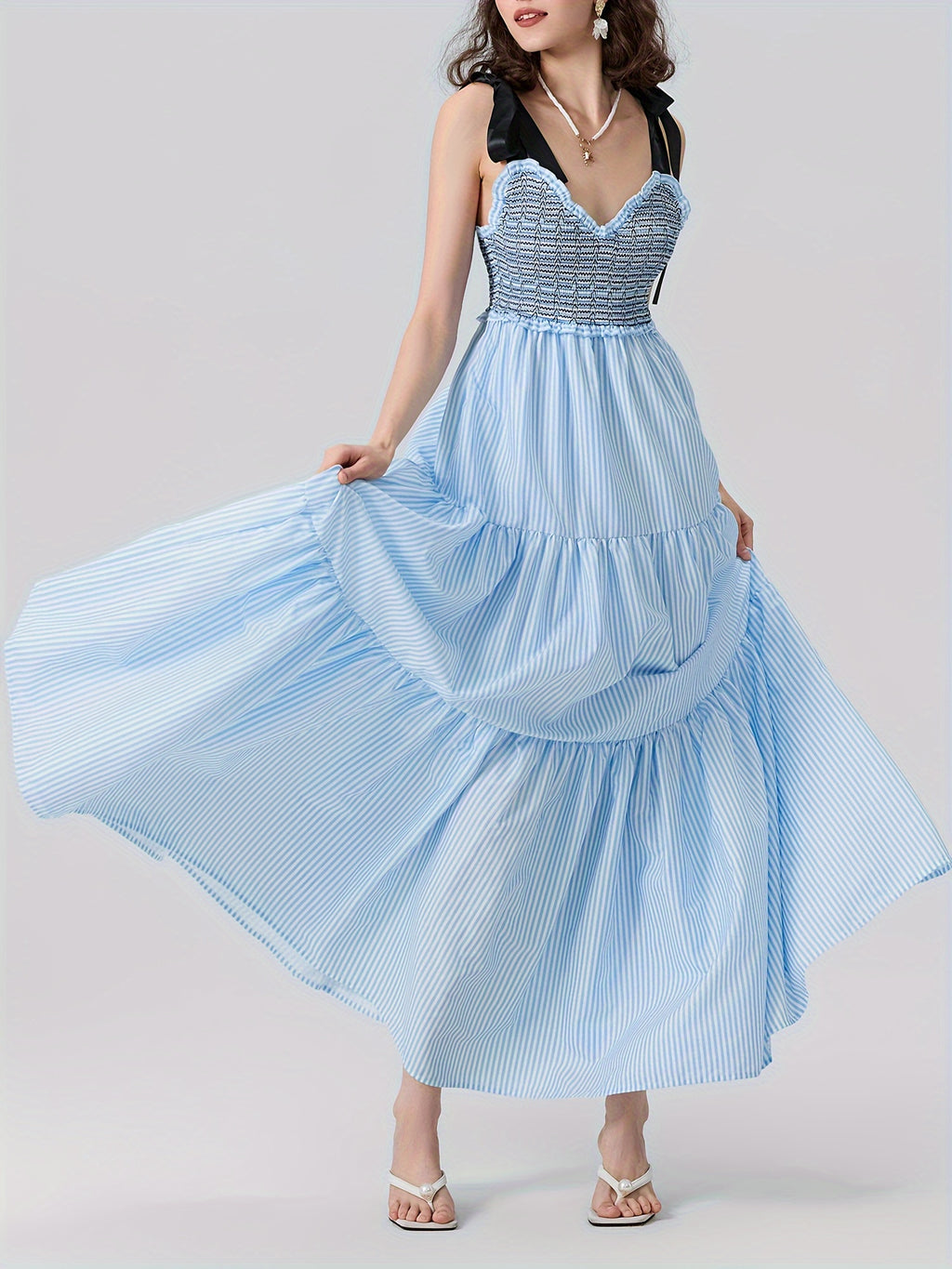 Women'S Sleeveless Ruffle Tiered Maxi Dress - Polyester and Spandex Blend with Striped Print