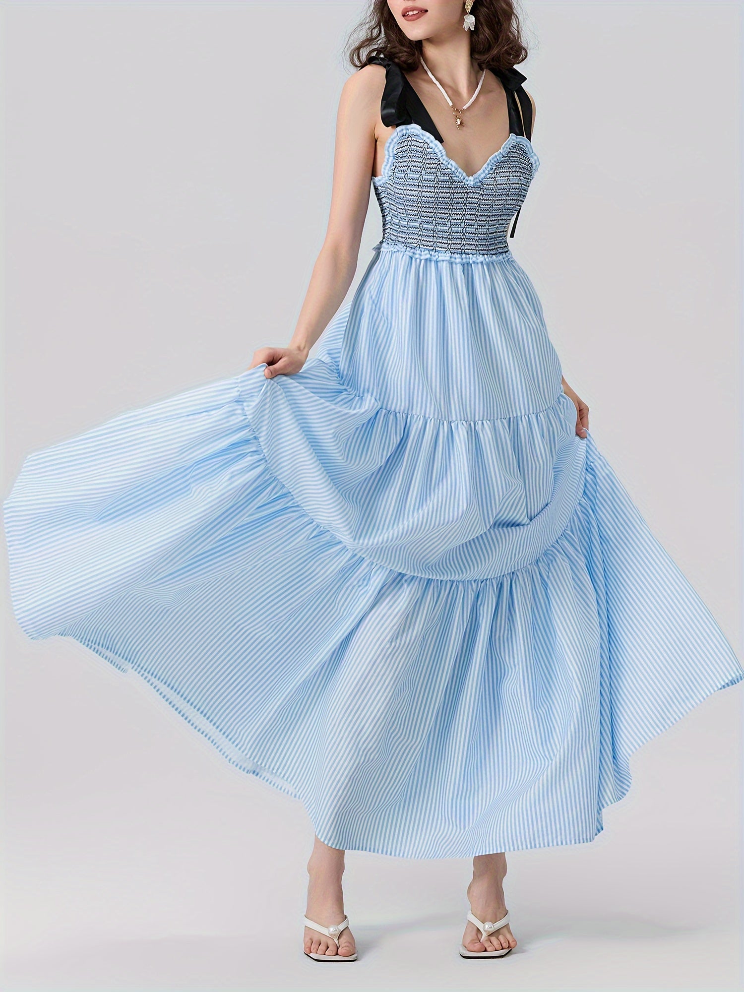 Women'S Sleeveless Ruffle Tiered Maxi Dress - Polyester and Spandex Blend with Striped Print