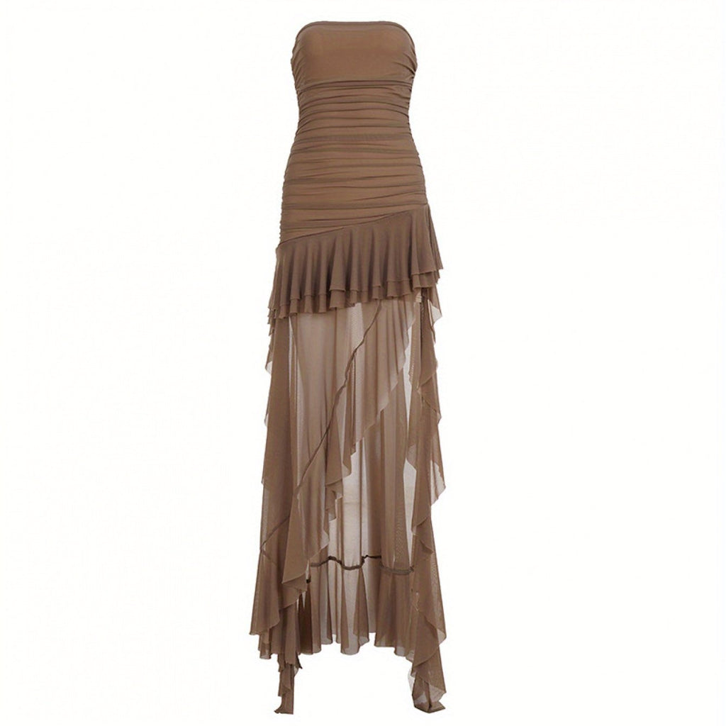 Sexy Mesh Bohemian Style Dress with Asymmetrical Hem And Irregular Pleated Strapless Skirt for Women
