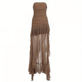 Sexy Mesh Bohemian Style Dress with Asymmetrical Hem And Irregular Pleated Strapless Skirt for Women