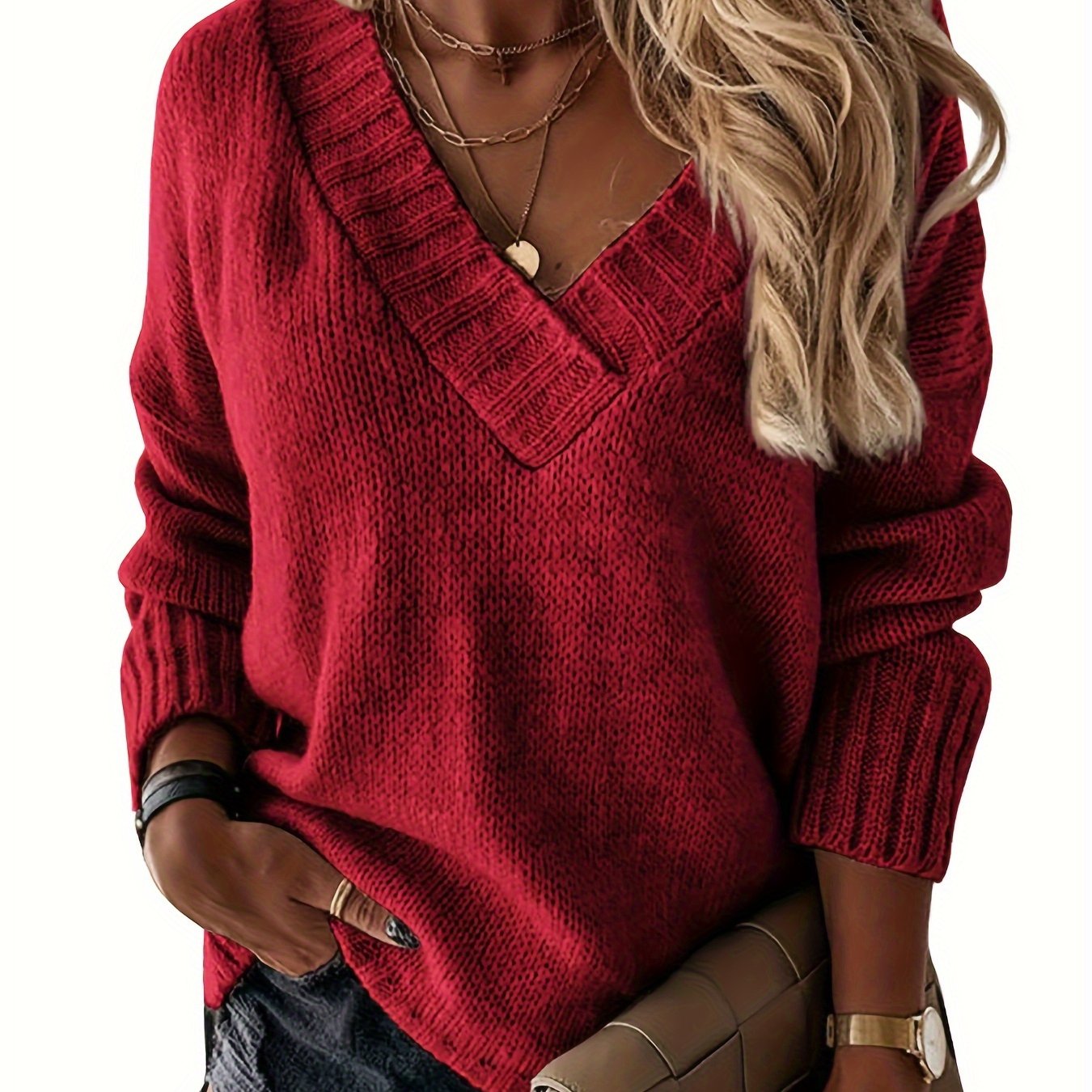 Womens Loose Sweaters Sexy V Neck Long Sleeve Solid Knitted Jumper Pullover Sweatshirt Tops