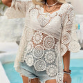 Ladies' Casual Crochet Lace Pullover - a Semi-Transparent Round-Neck Top