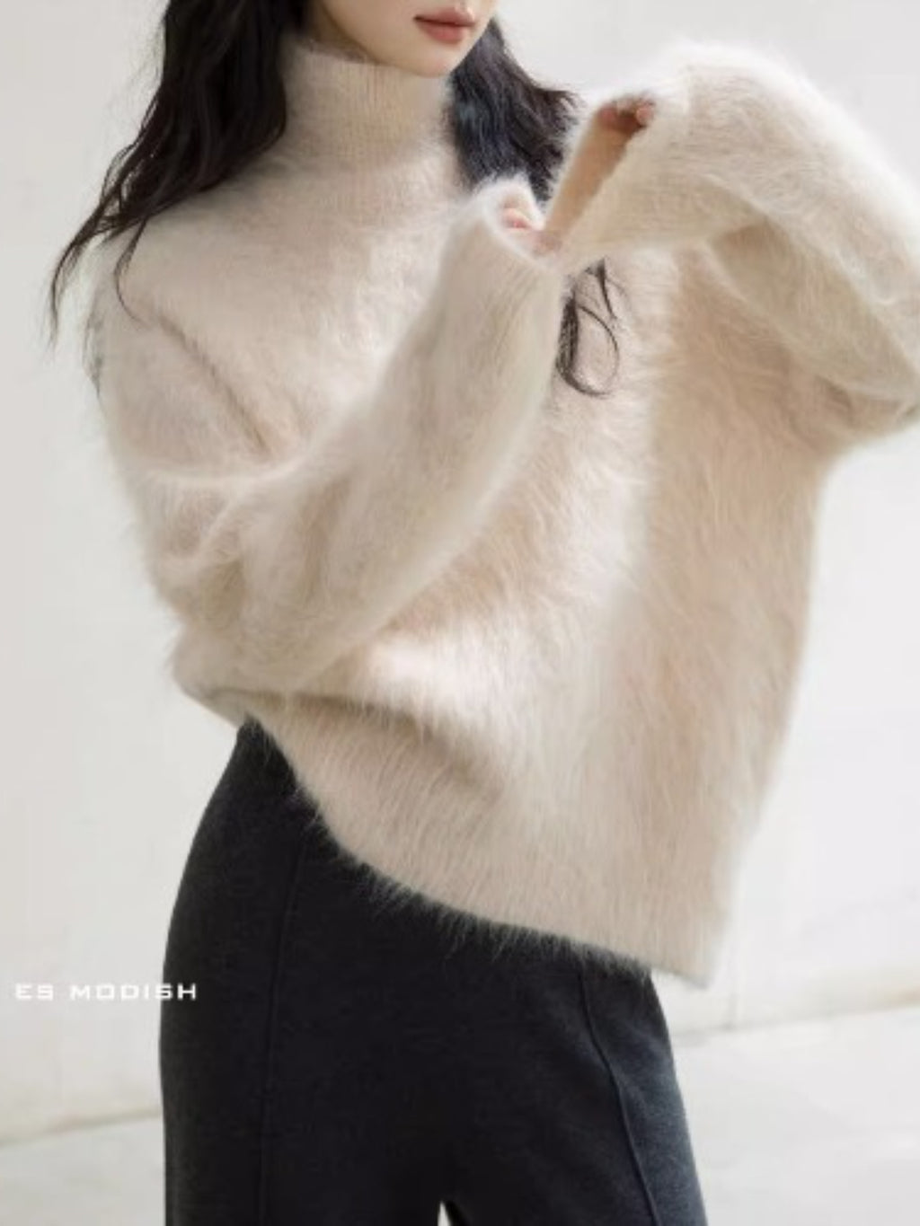 Women'S Elegant Faux Mink High Neck Sweater - Soft Thick Winter Sweater with Ribbed Collar & Long Sleeves