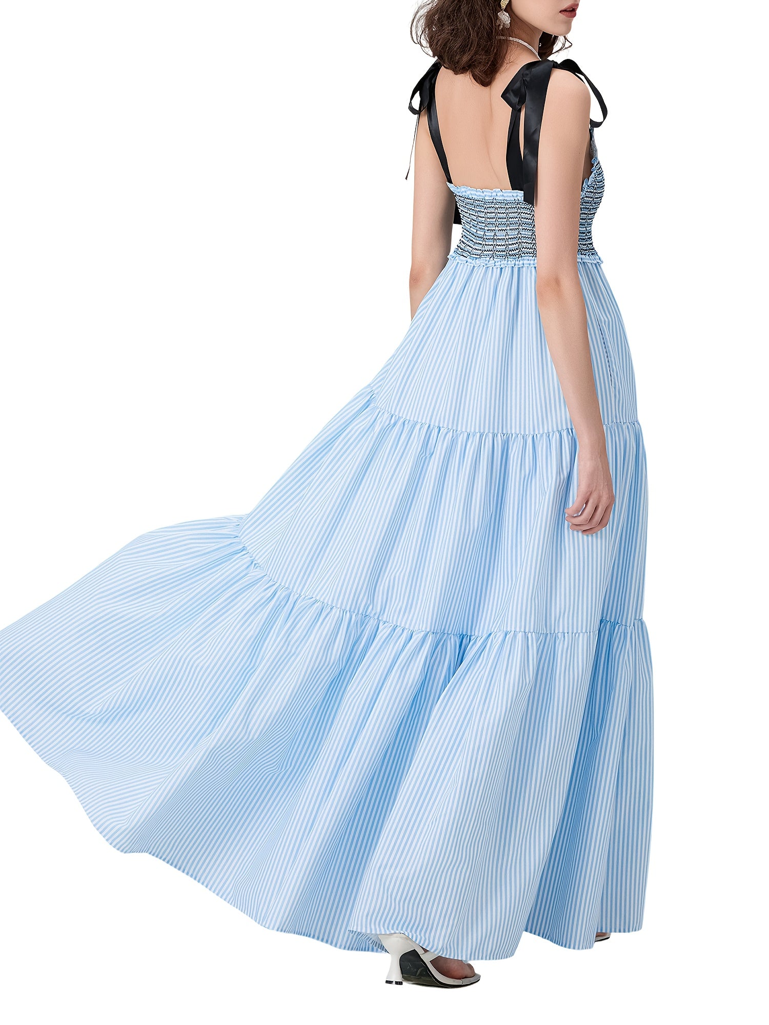 Women'S Sleeveless Ruffle Tiered Maxi Dress - Polyester and Spandex Blend with Striped Print