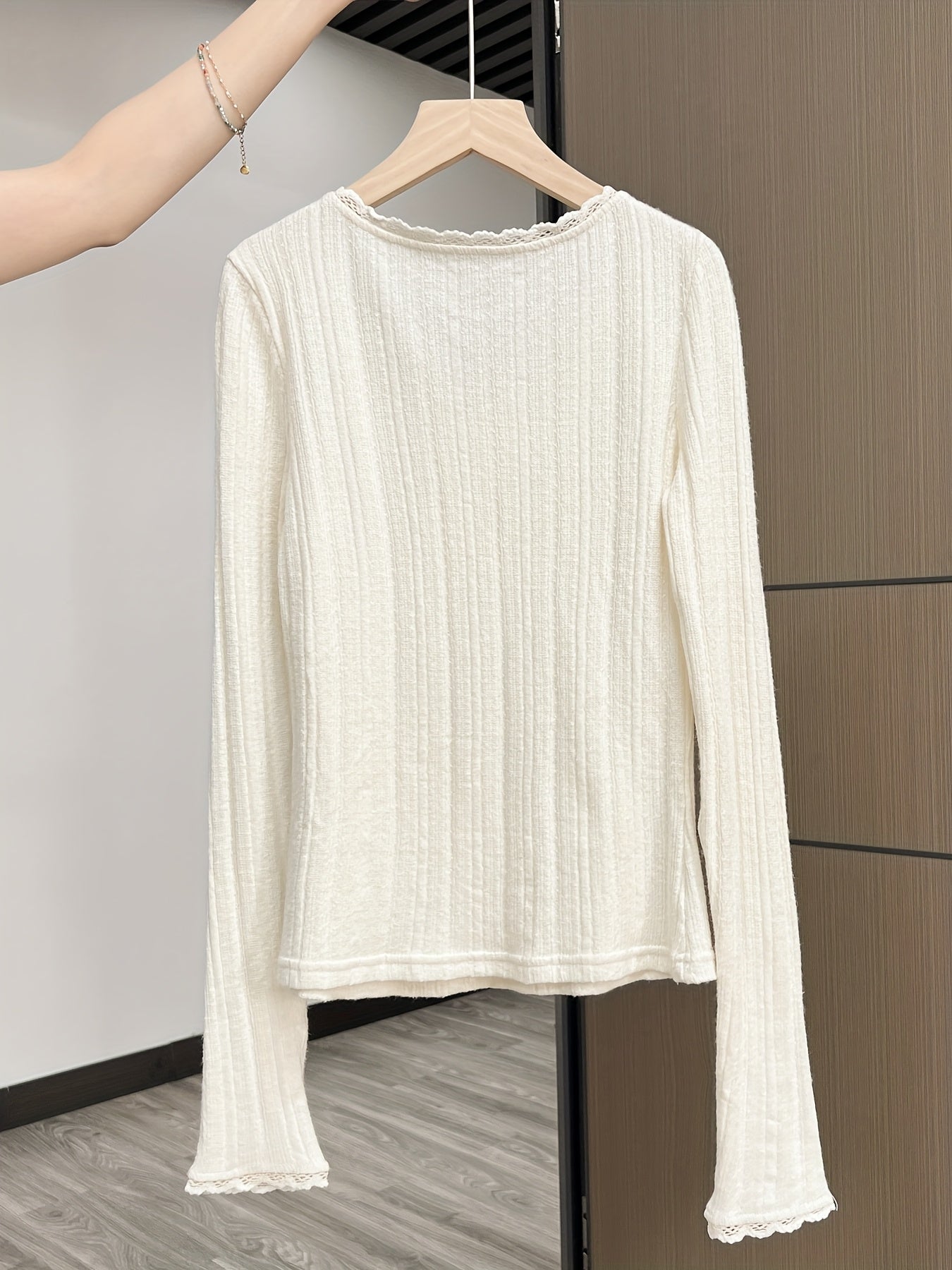 French Lace Trim Bow Tie Long Sleeve Women's T-Shirt Top - New Autumn\u002FWinter Slim Fit Casual Elegant Base Layer