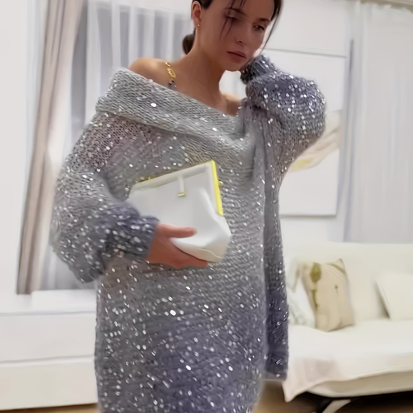 Women's Sparkling Off-the-Shoulder Sweater with Asymmetrical Sequin Sleeves - Winter Warm Loose-Fit H-Line Blazer-like Jacket