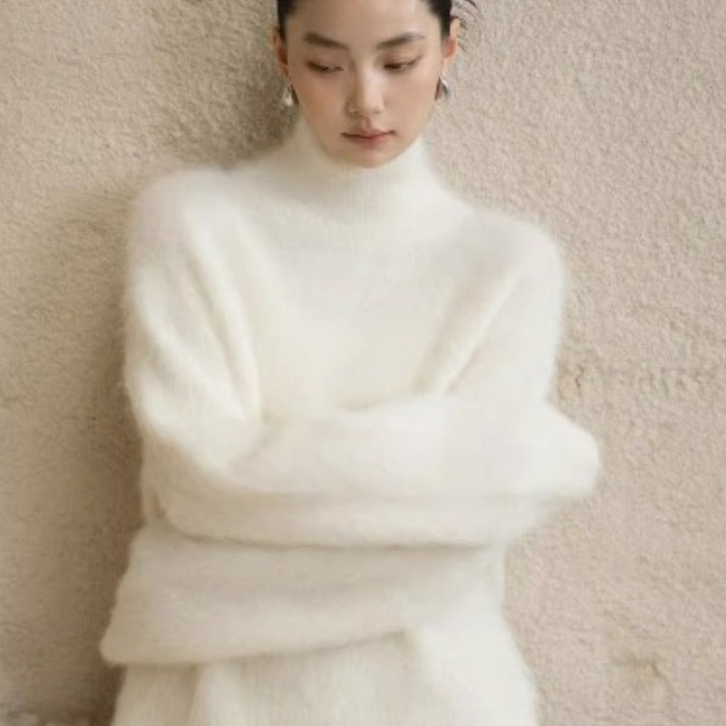 Women'S Elegant Faux Mink High Neck Sweater - Soft Thick Winter Sweater with Ribbed Collar & Long Sleeves