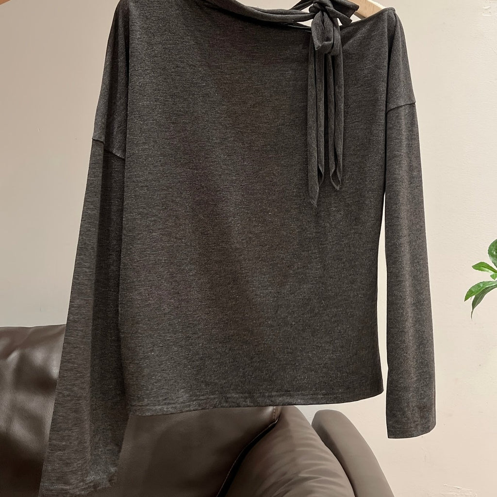 Women'S Elegant Off-Shoulder Long Sleeve T-Shirt with Bow Detail - Soft, Versatile