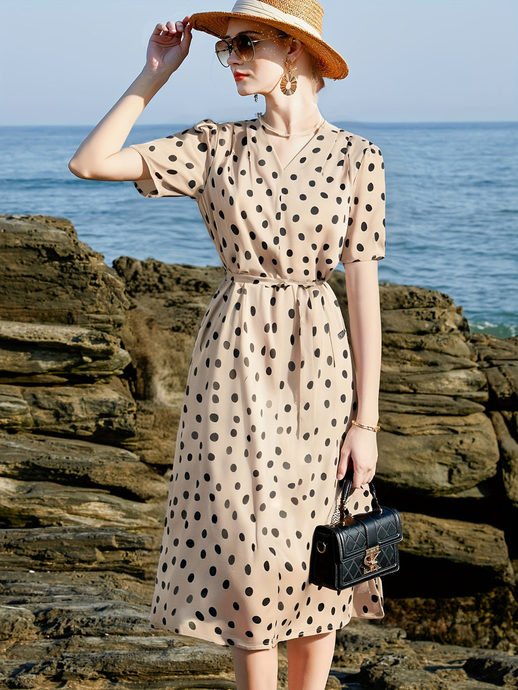 Women'S Elegant Beige & Black Polka Dot Maxi Dress - Formal & Casual Chic Outfits