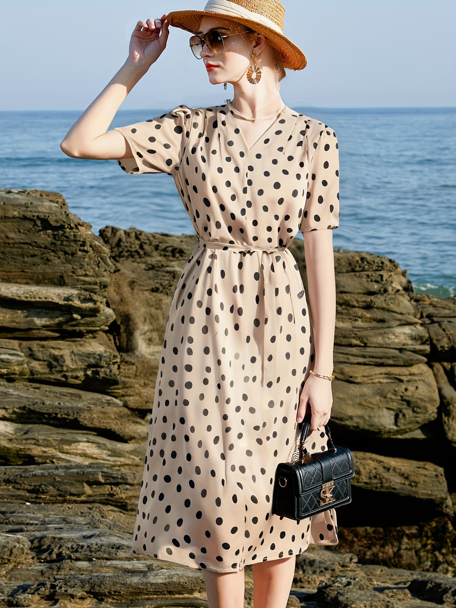 Women'S Elegant Beige & Black Polka Dot Maxi Dress - Formal & Casual Chic Outfits