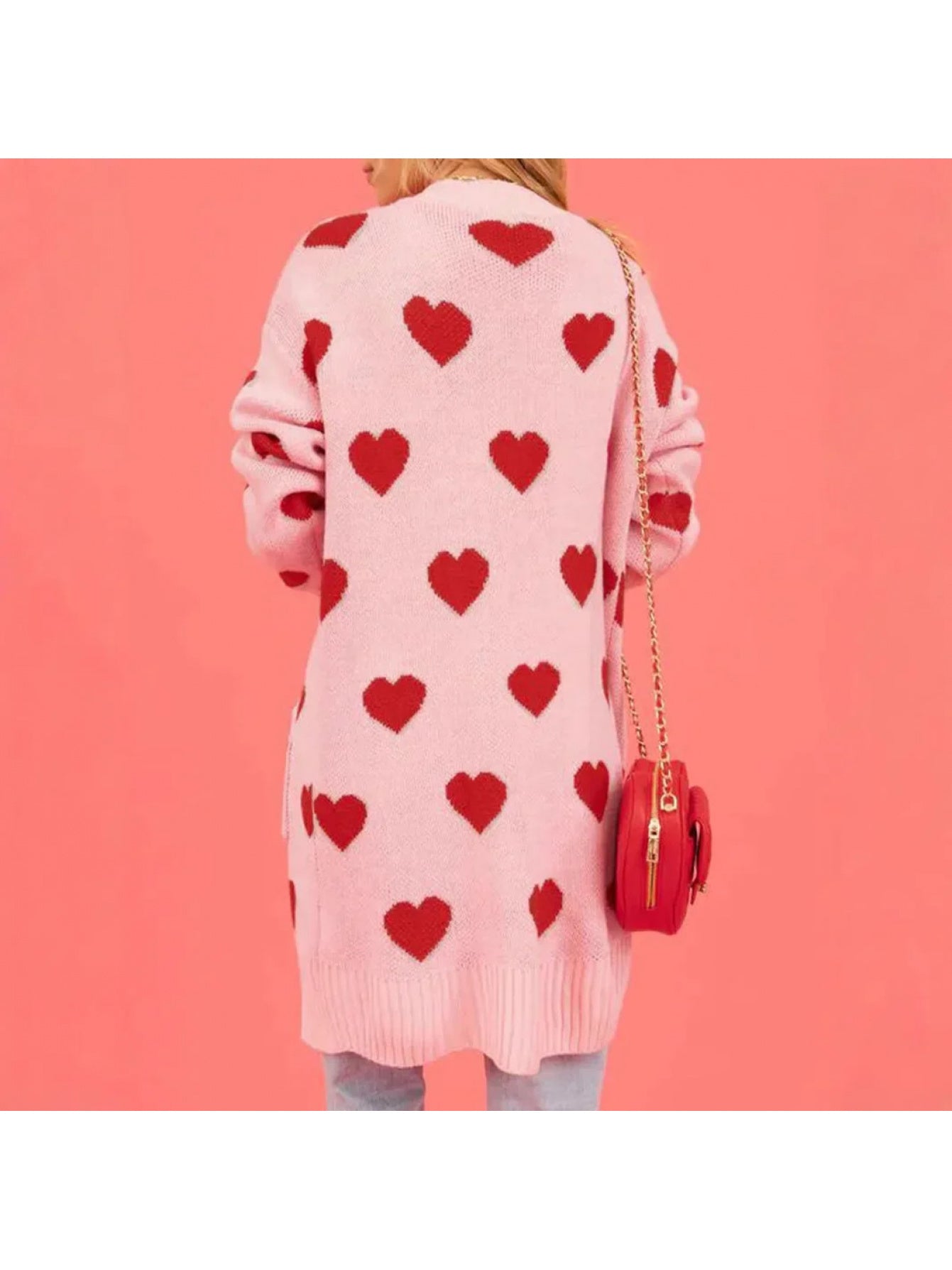 Women'S Soft Pink Cardigan Sweater - Buttonless Open Front Design with Heart Pattern