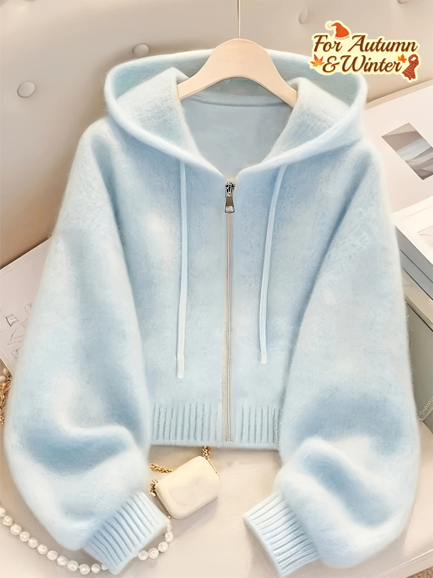 Women's Soft Pink Zip-Up Hooded Cardigan - Casual Chic Long Sleeve Open Front Sweater with Medium Stretch