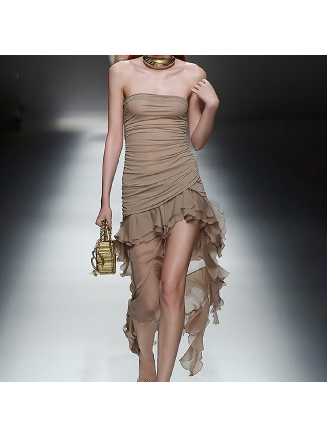 Sexy Mesh Bohemian Style Dress with Asymmetrical Hem And Irregular Pleated Strapless Skirt for Women