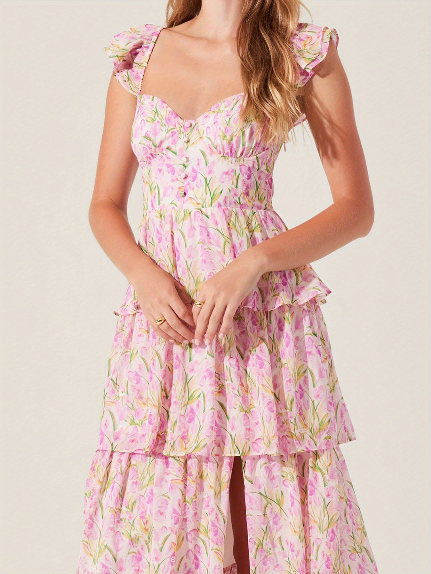 Women'S Floral Dress Stylish Multi-Layered Ruffles Split Cap Sleeve Long A-Line Dress for Spring Summer