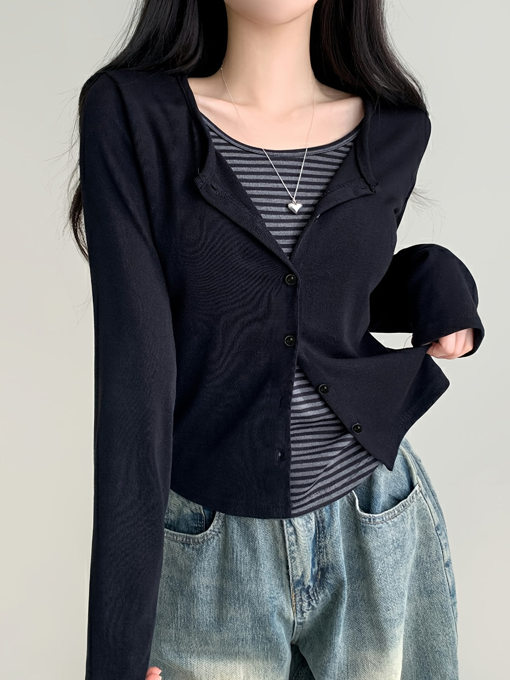 Color-Blocked Striped Patchwork Faux Two-Piece T-Shirt, Casual Single-Breasted Long-Sleeve Top