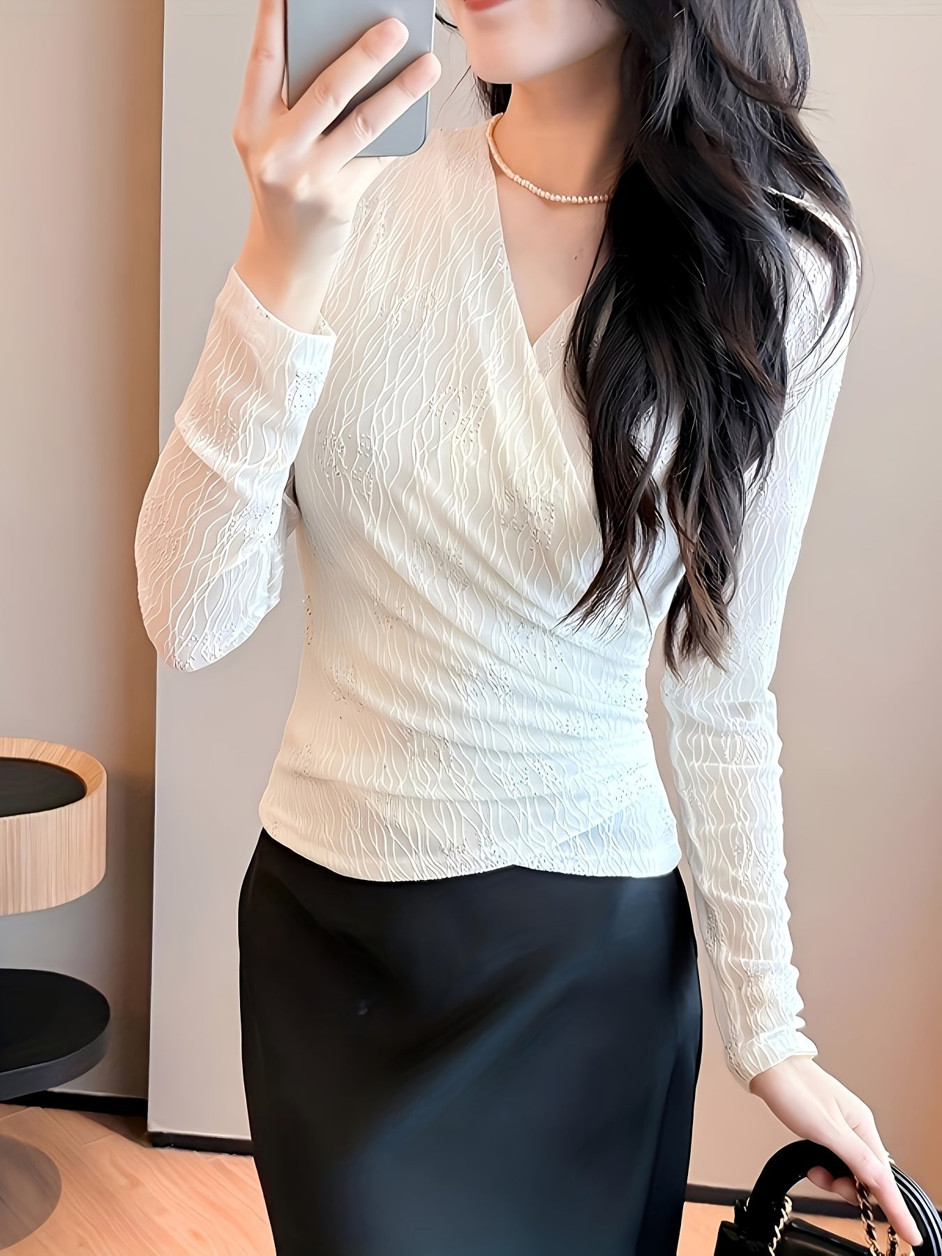 Women'S Elegant V-Neck Long Sleeve T-Shirt - Slim Fit Cross-Over Top with Rhinestone Embellishments