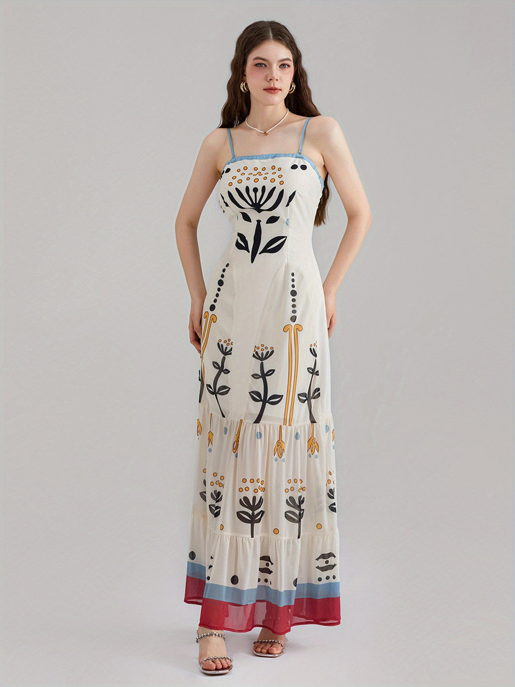 1pc Bohemian Floral Print Maxi Dress, Polyester Spaghetti Strap Fitted Elegant Gown for Women