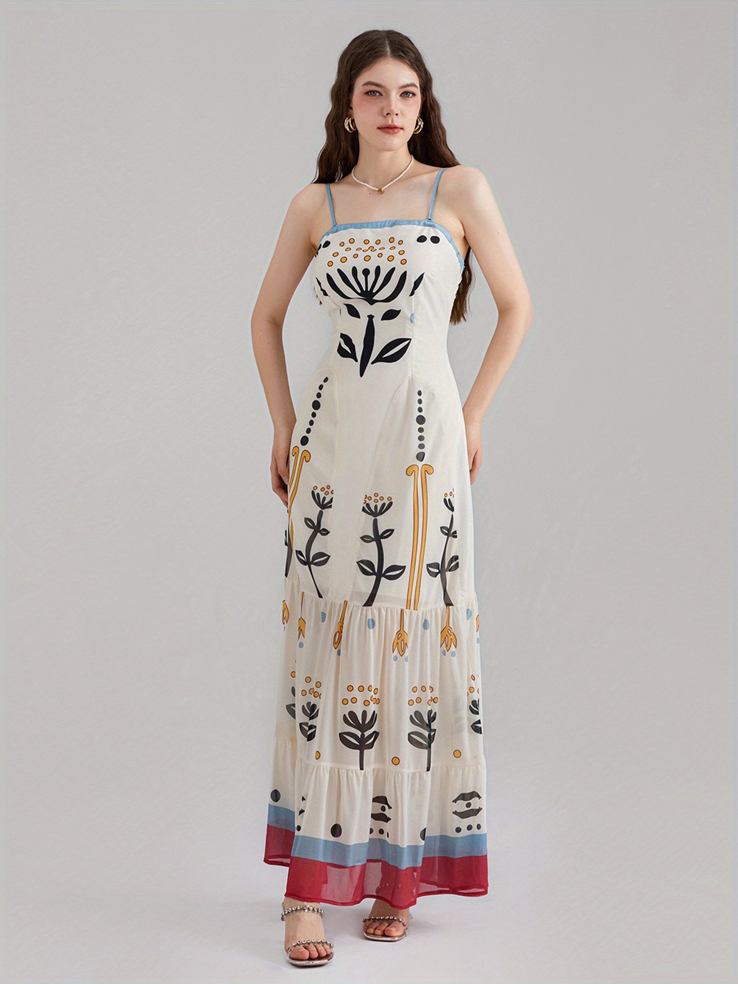 1pc Bohemian Floral Print Maxi Dress, Polyester Spaghetti Strap Fitted Elegant Gown for Women