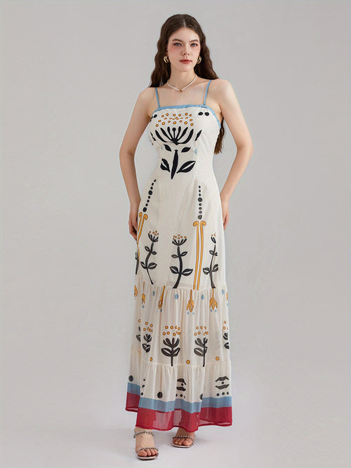 1pc Bohemian Floral Print Maxi Dress, Polyester Spaghetti Strap Fitted Elegant Gown for Women