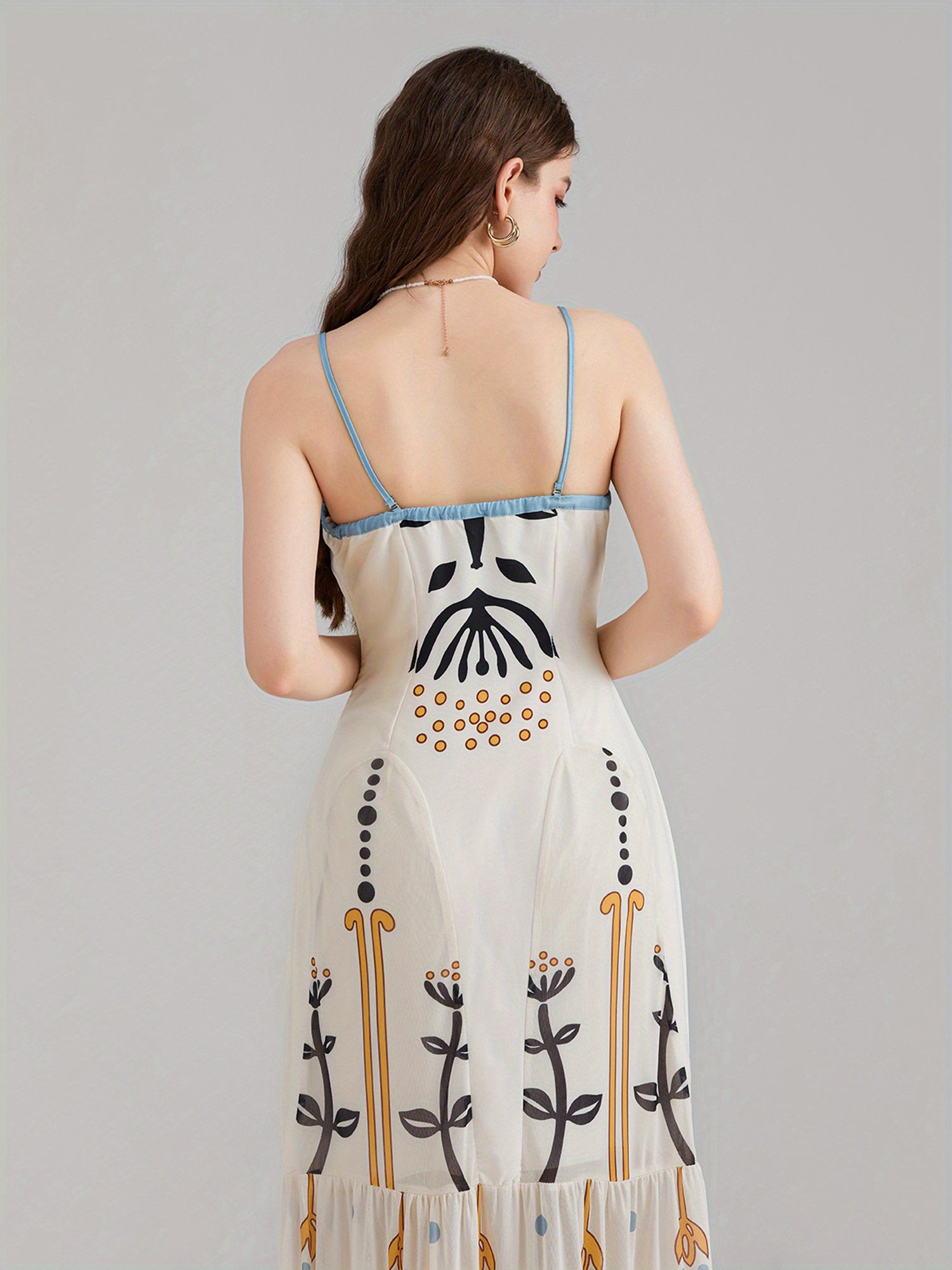 1pc Bohemian Floral Print Maxi Dress, Polyester Spaghetti Strap Fitted Elegant Gown for Women