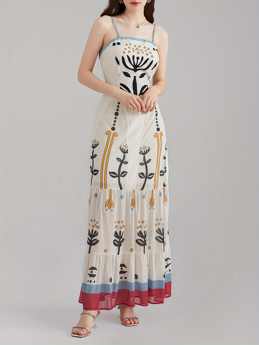 1pc Bohemian Floral Print Maxi Dress, Polyester Spaghetti Strap Fitted Elegant Gown for Women