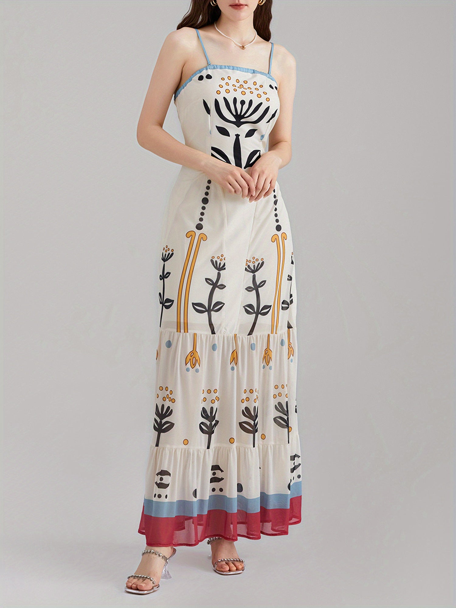 1pc Bohemian Floral Print Maxi Dress, Polyester Spaghetti Strap Fitted Elegant Gown for Women