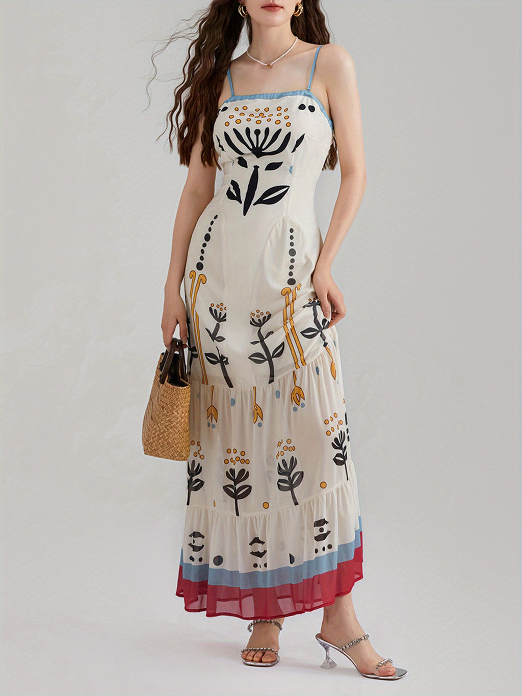 1pc Bohemian Floral Print Maxi Dress, Polyester Spaghetti Strap Fitted Elegant Gown for Women