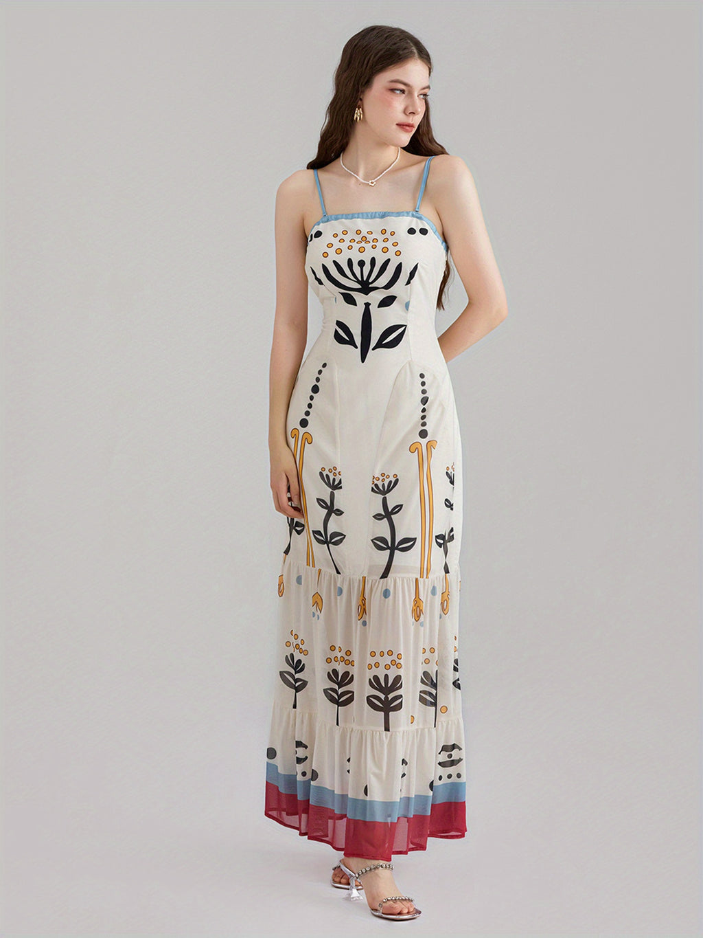 1pc Bohemian Floral Print Maxi Dress, Polyester Spaghetti Strap Fitted Elegant Gown for Women