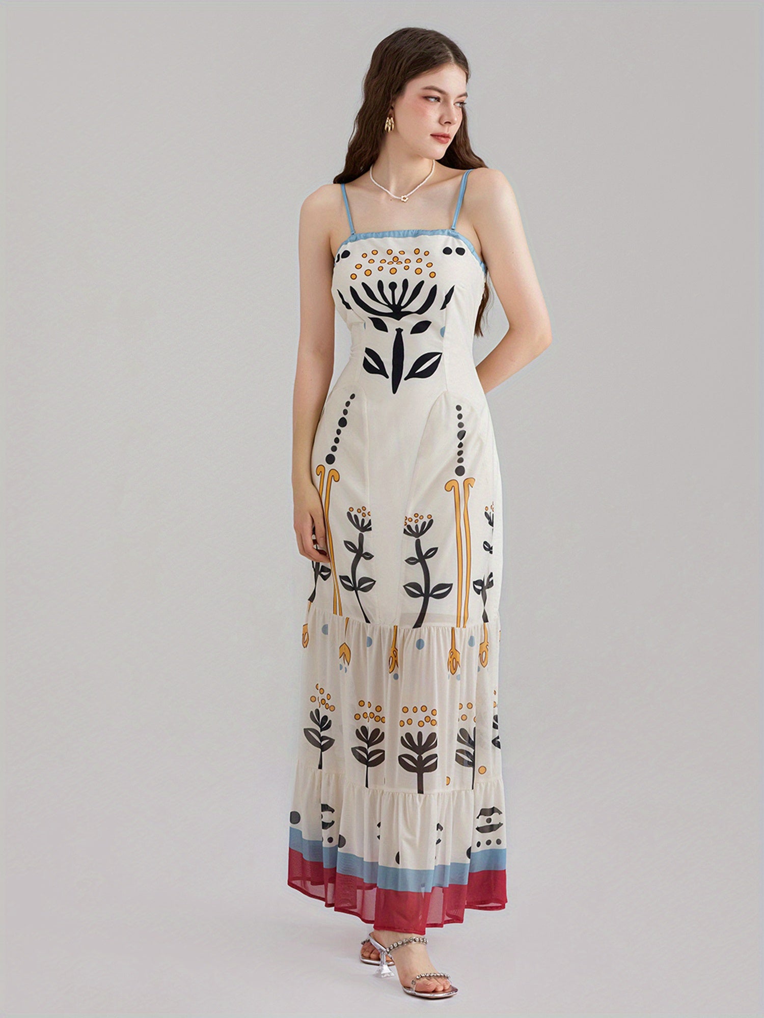 1pc Bohemian Floral Print Maxi Dress, Polyester Spaghetti Strap Fitted Elegant Gown for Women