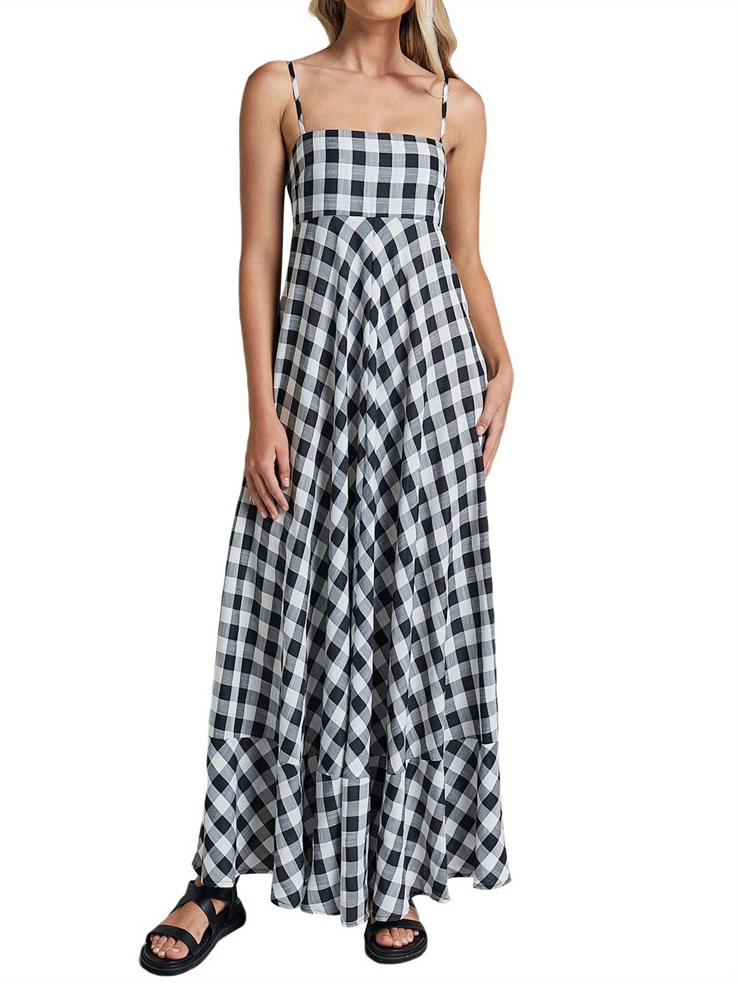 1pc Boho Chic Women'S Summer Maxi Dress - Plaid A-Line Sundress with Off the Shoulder Spaghetti Straps