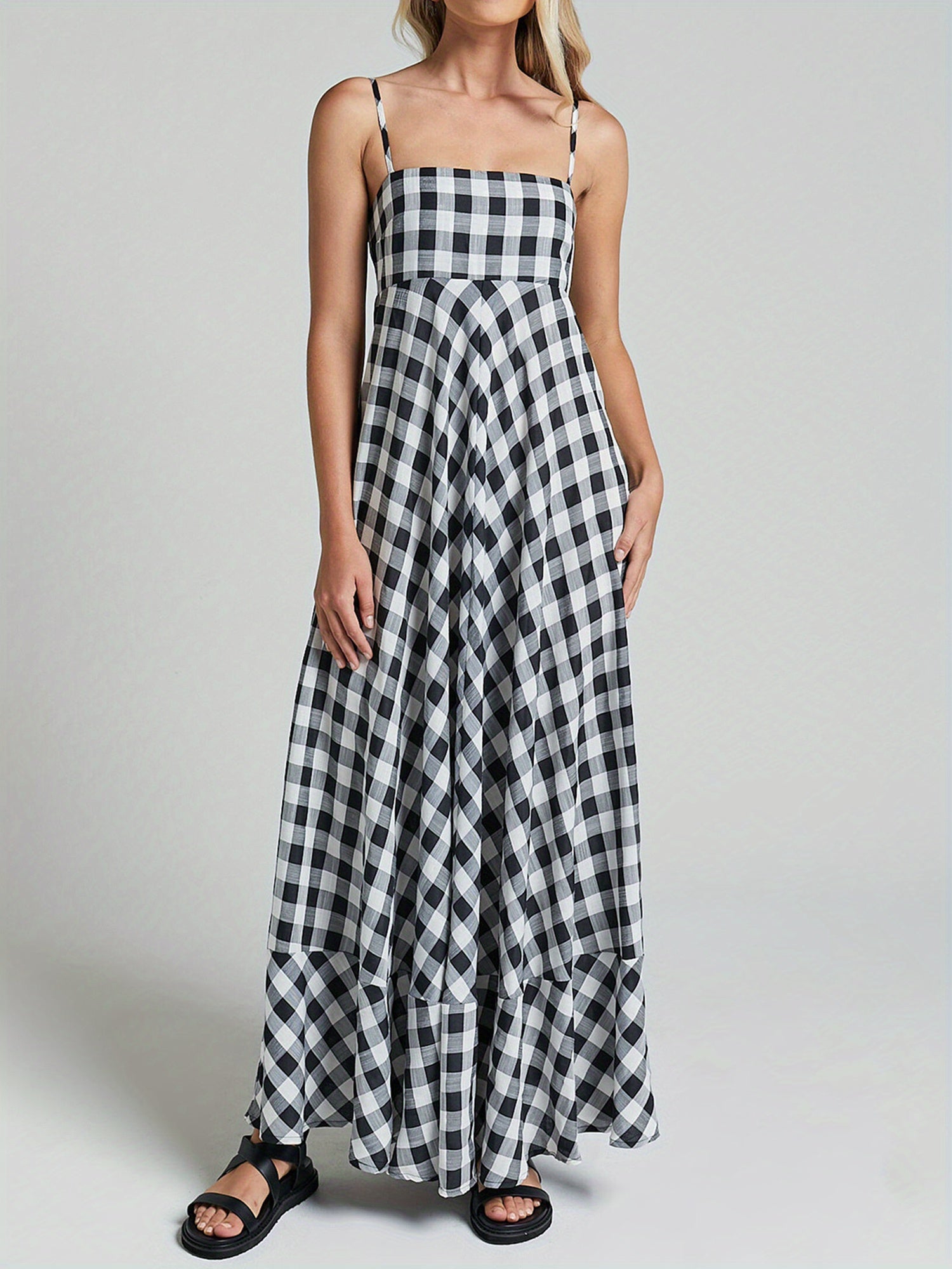 1pc Boho Chic Women'S Summer Maxi Dress - Plaid A-Line Sundress with Off the Shoulder Spaghetti Straps