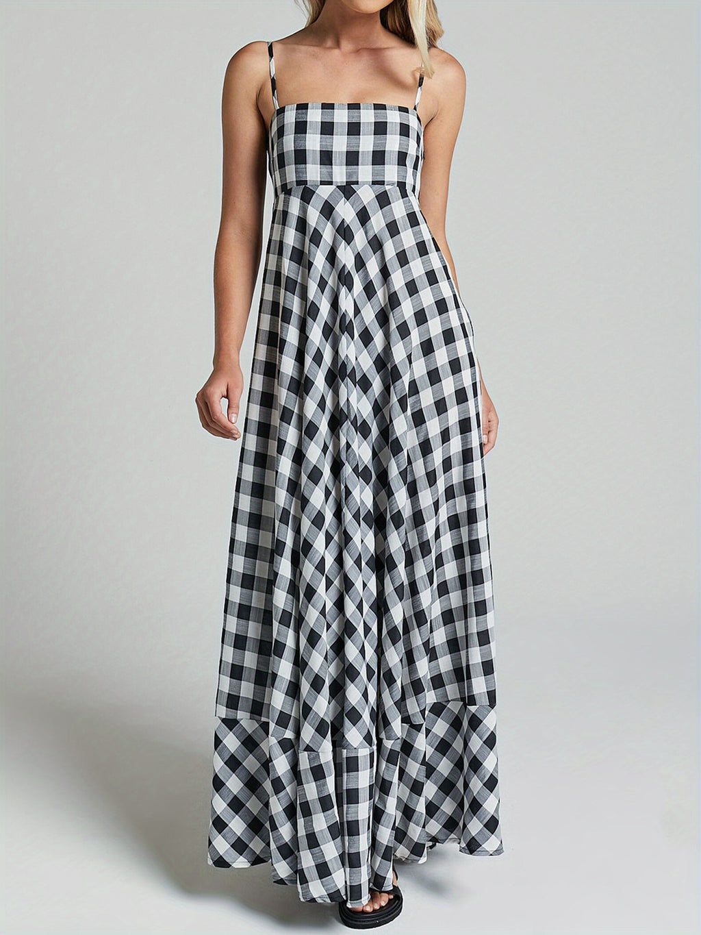 1pc Boho Chic Women'S Summer Maxi Dress - Plaid A-Line Sundress with Off the Shoulder Spaghetti Straps