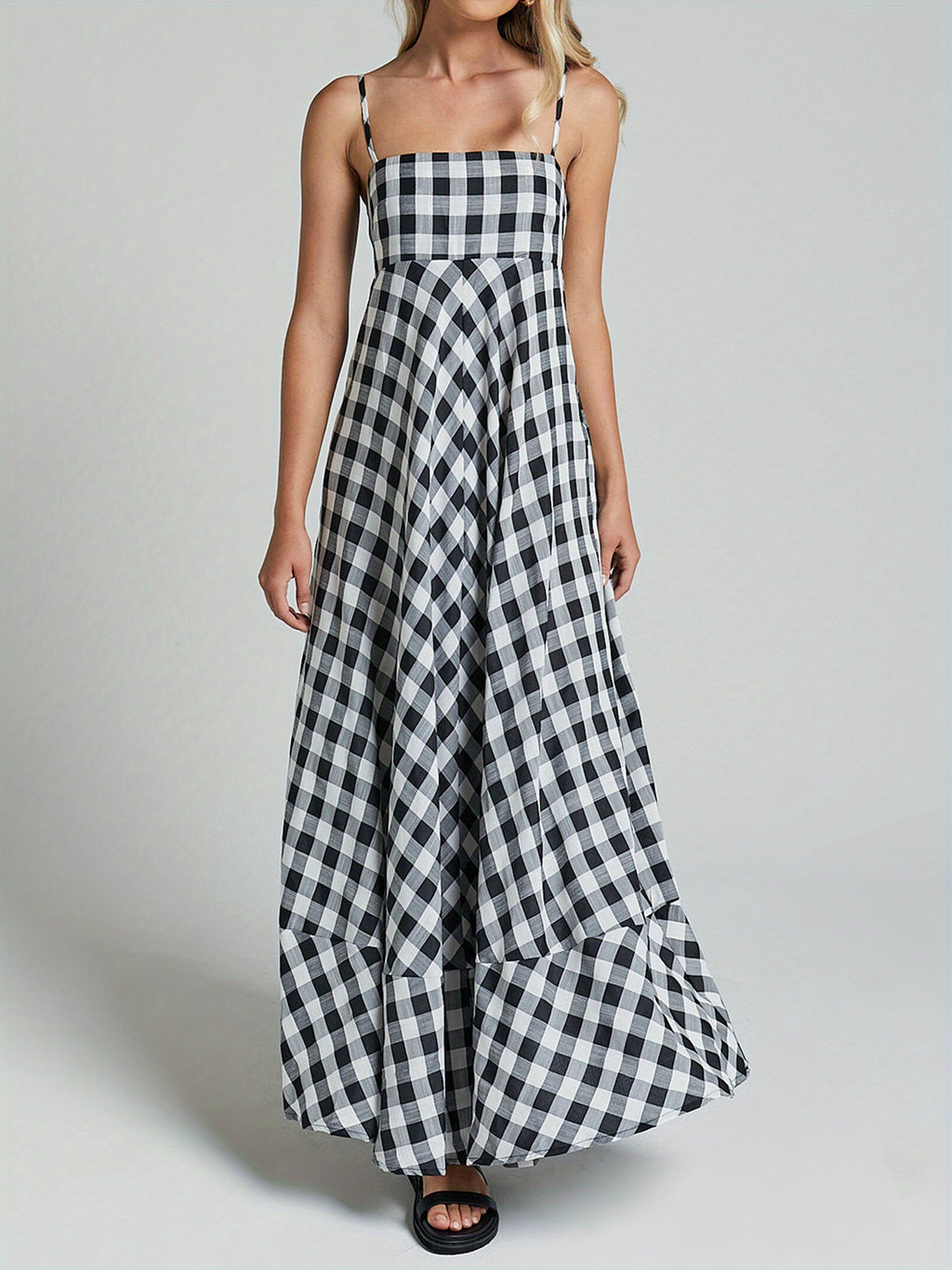 1pc Boho Chic Women'S Summer Maxi Dress - Plaid A-Line Sundress with Off the Shoulder Spaghetti Straps