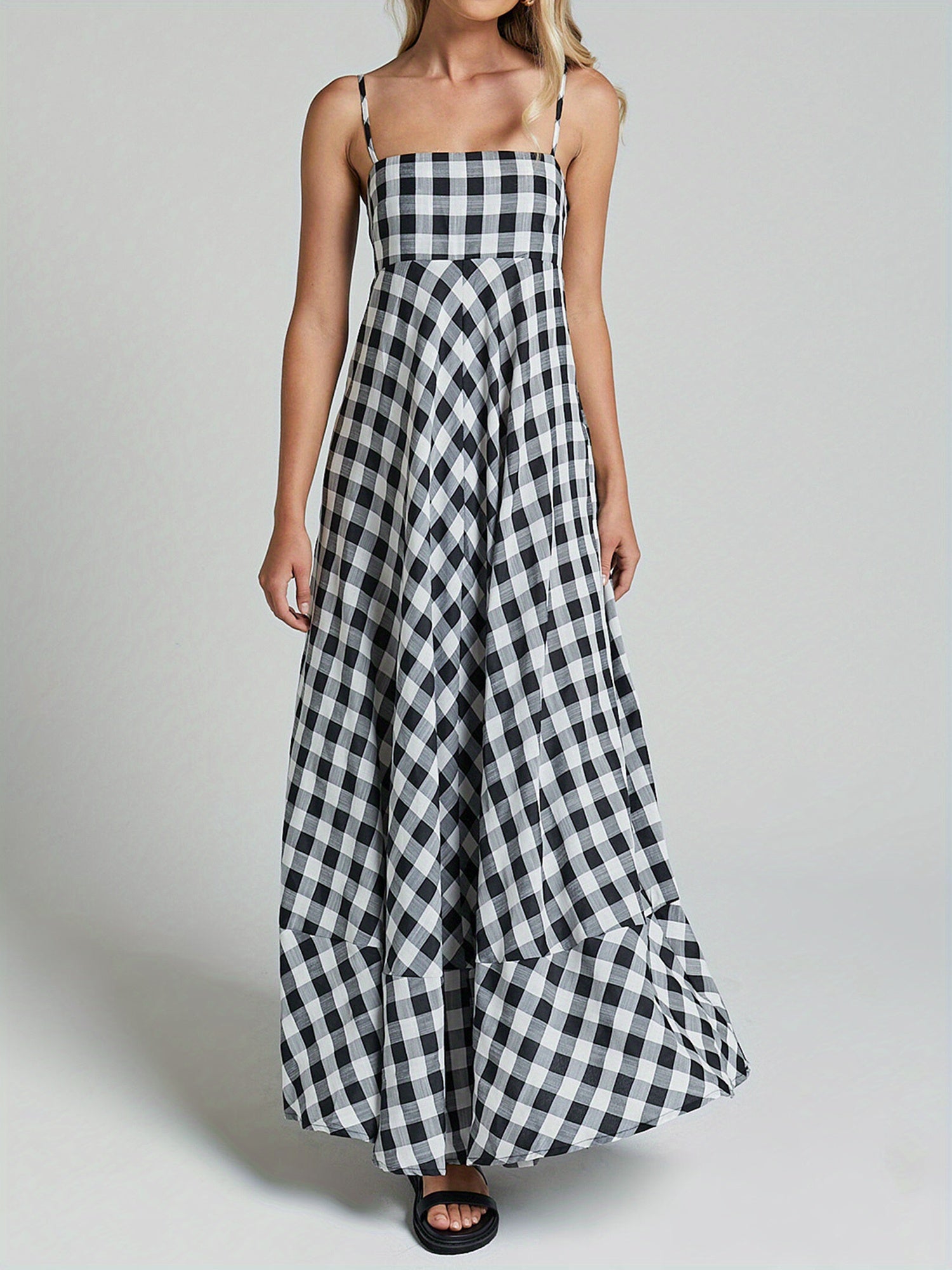 1pc Boho Chic Women'S Summer Maxi Dress - Plaid A-Line Sundress with Off the Shoulder Spaghetti Straps