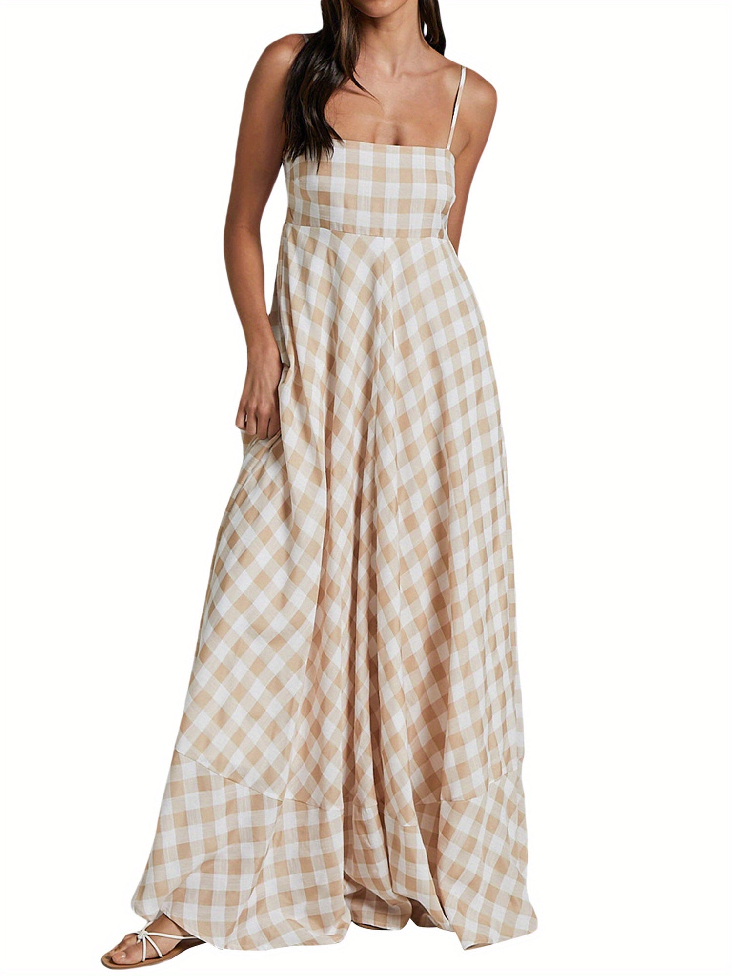 1pc Boho Chic Women'S Summer Maxi Dress - Plaid A-Line Sundress with Off the Shoulder Spaghetti Straps