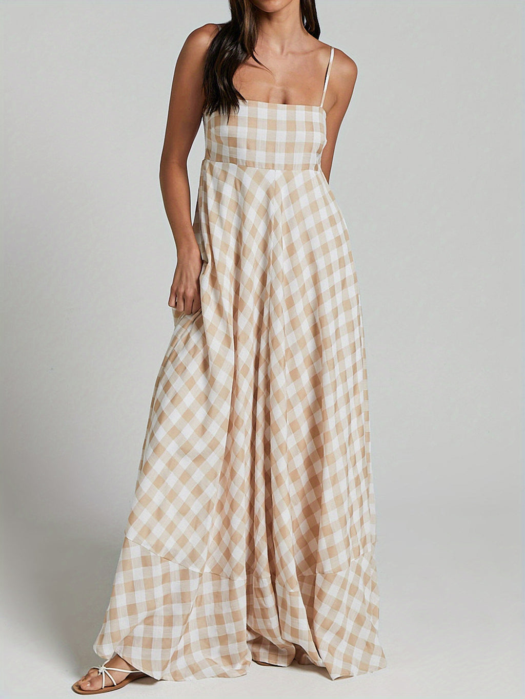 1pc Boho Chic Women'S Summer Maxi Dress - Plaid A-Line Sundress with Off the Shoulder Spaghetti Straps