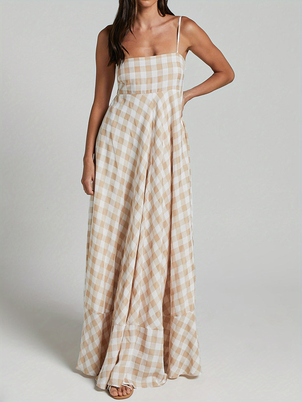 1pc Boho Chic Women'S Summer Maxi Dress - Plaid A-Line Sundress with Off the Shoulder Spaghetti Straps