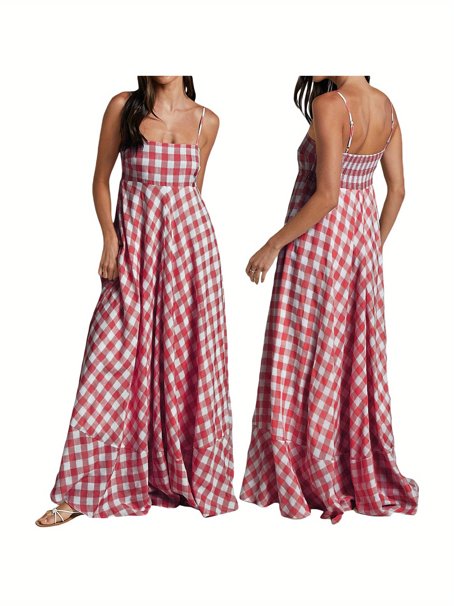 1pc Boho Chic Women'S Summer Maxi Dress - Plaid A-Line Sundress with Off the Shoulder Spaghetti Straps