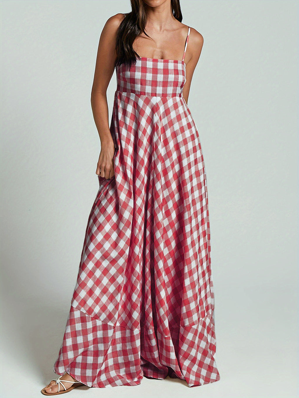 1pc Boho Chic Women'S Summer Maxi Dress - Plaid A-Line Sundress with Off the Shoulder Spaghetti Straps