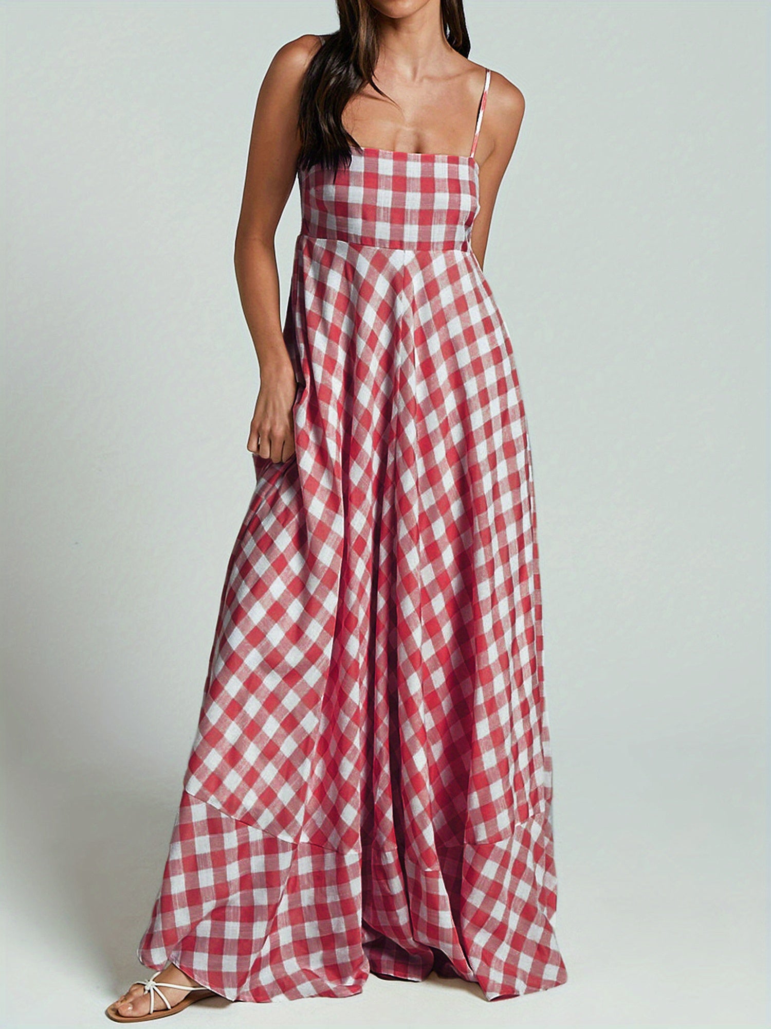1pc Boho Chic Women'S Summer Maxi Dress - Plaid A-Line Sundress with Off the Shoulder Spaghetti Straps