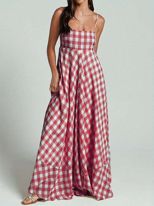 1pc Boho Chic Women'S Summer Maxi Dress - Plaid A-Line Sundress with Off the Shoulder Spaghetti Straps