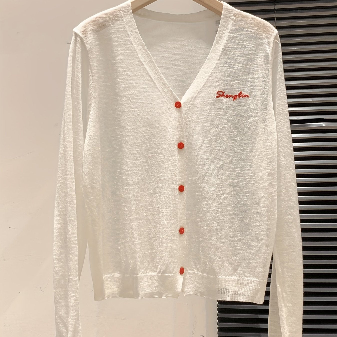 Letter Embroidered V-Neck Breathable Coverup Hair Needle Long Sleeve Women's Cardigan Summer Button Design Versatile Sheer Top