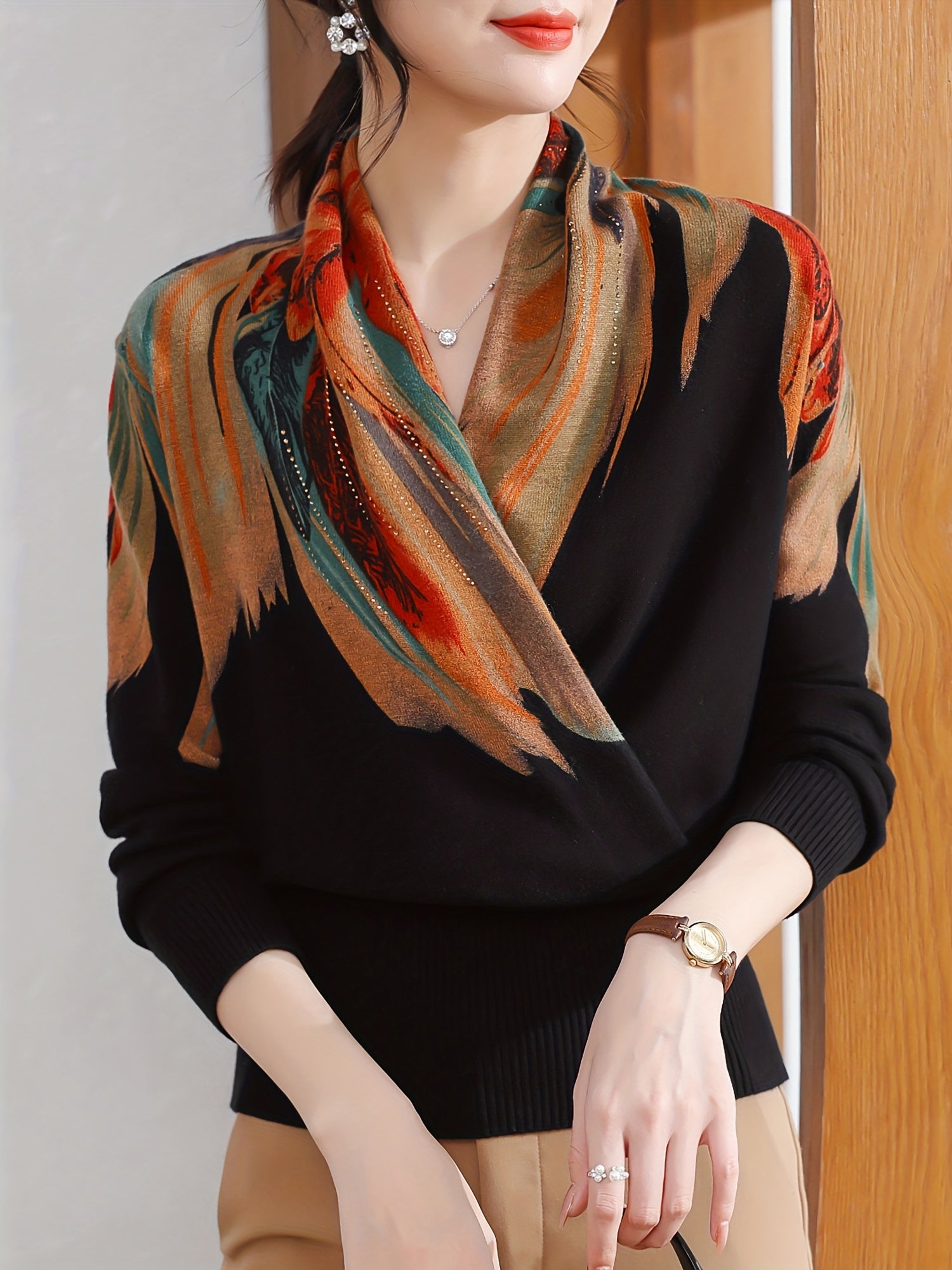 Women's Elegant Long-Sleeve Sweater - Multicolor Print