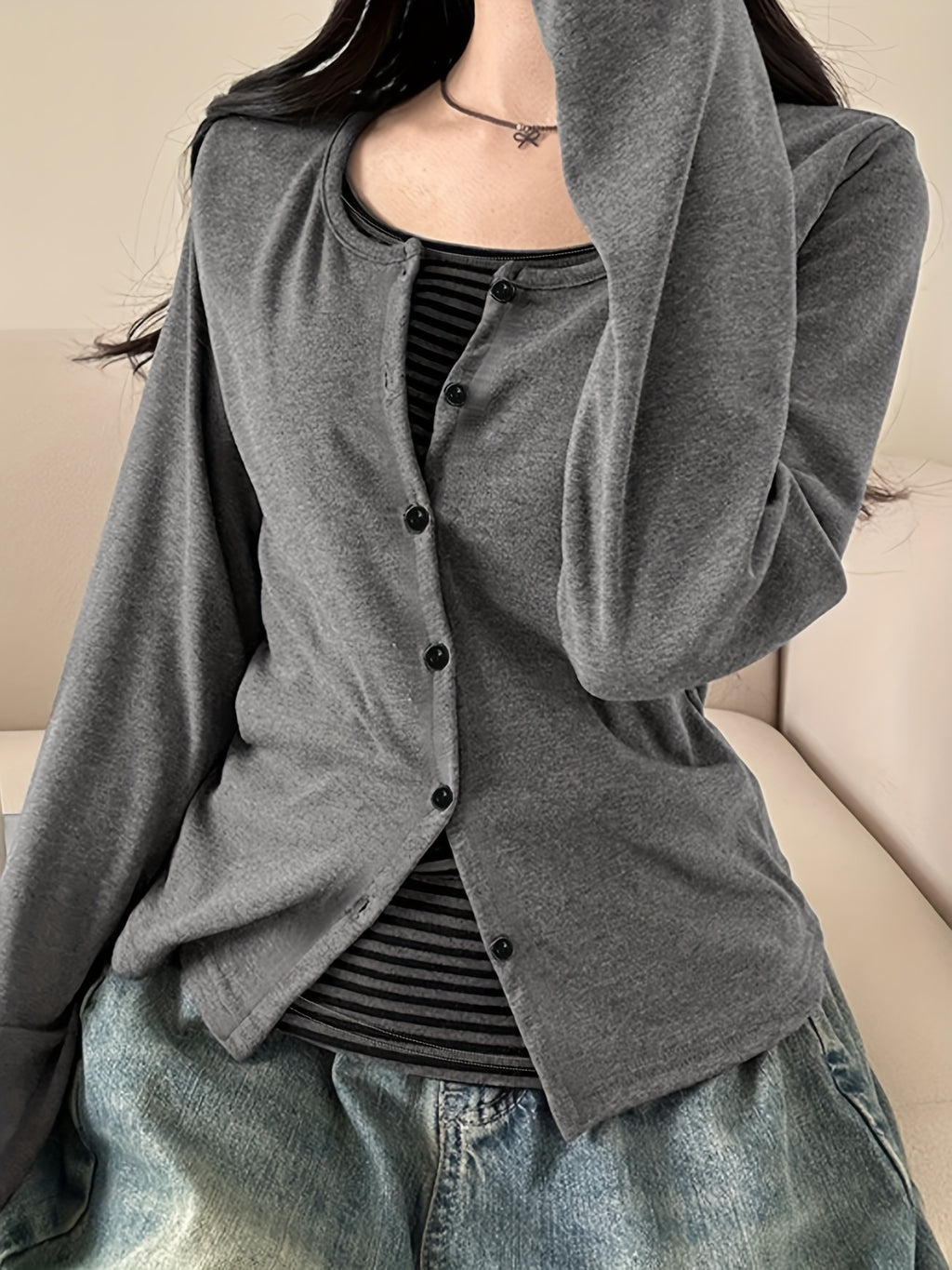 Color-Blocked Striped Patchwork Faux Two-Piece T-Shirt, Casual Single-Breasted Long-Sleeve Top