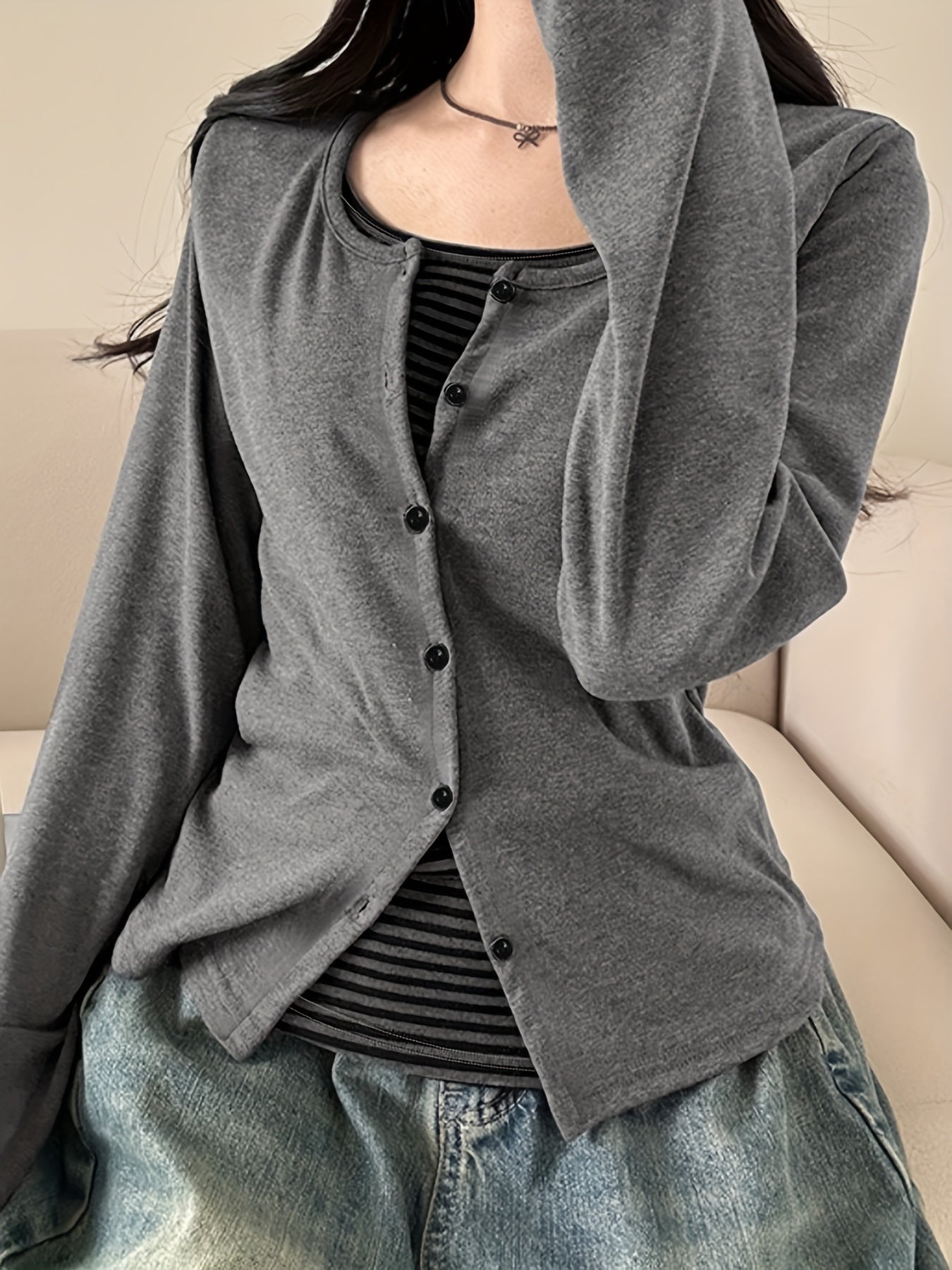 Color-Blocked Striped Patchwork Faux Two-Piece T-Shirt, Casual Single-Breasted Long-Sleeve Top