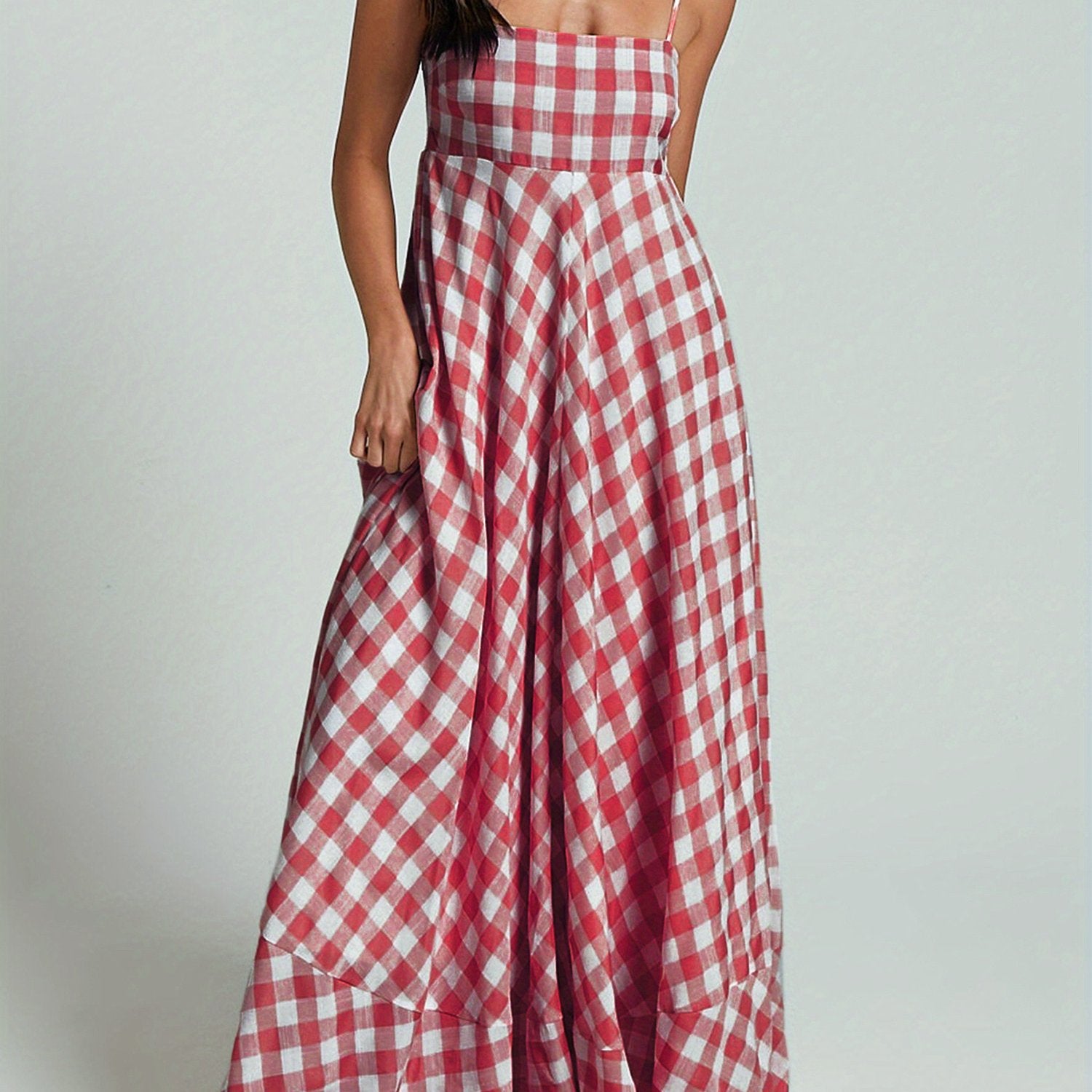 1pc Boho Chic Women'S Summer Maxi Dress - Plaid A-Line Sundress with Off the Shoulder Spaghetti Straps