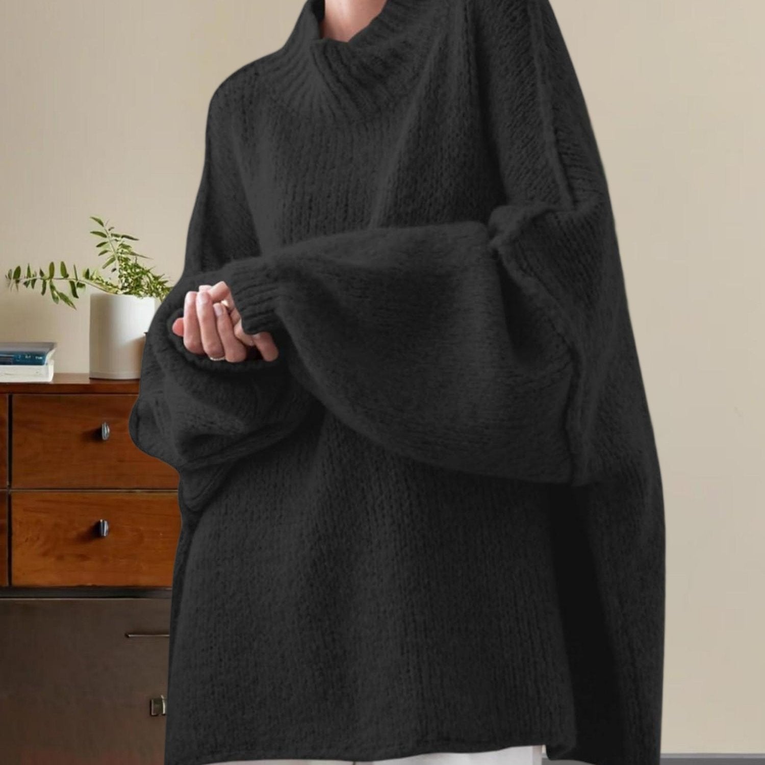 Women'S Oversized Batwing Sweater - Soft Stretchy Ribbed Tunic with Mock Neck & Asymmetrical Hem