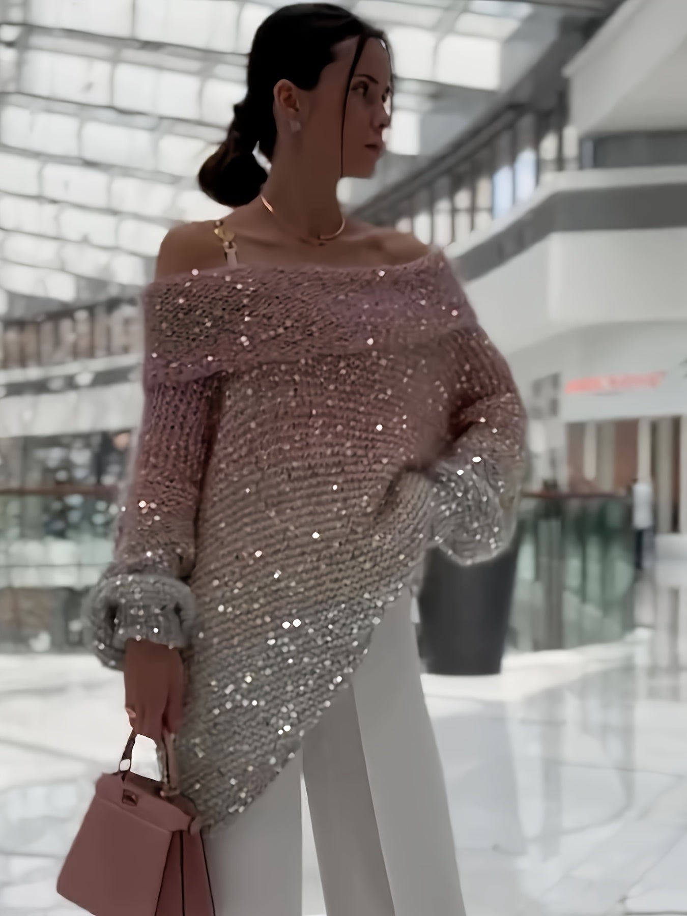 Women's Sparkling Off-the-Shoulder Sweater with Asymmetrical Sequin Sleeves - Winter Warm Loose-Fit H-Line Blazer-like Jacket