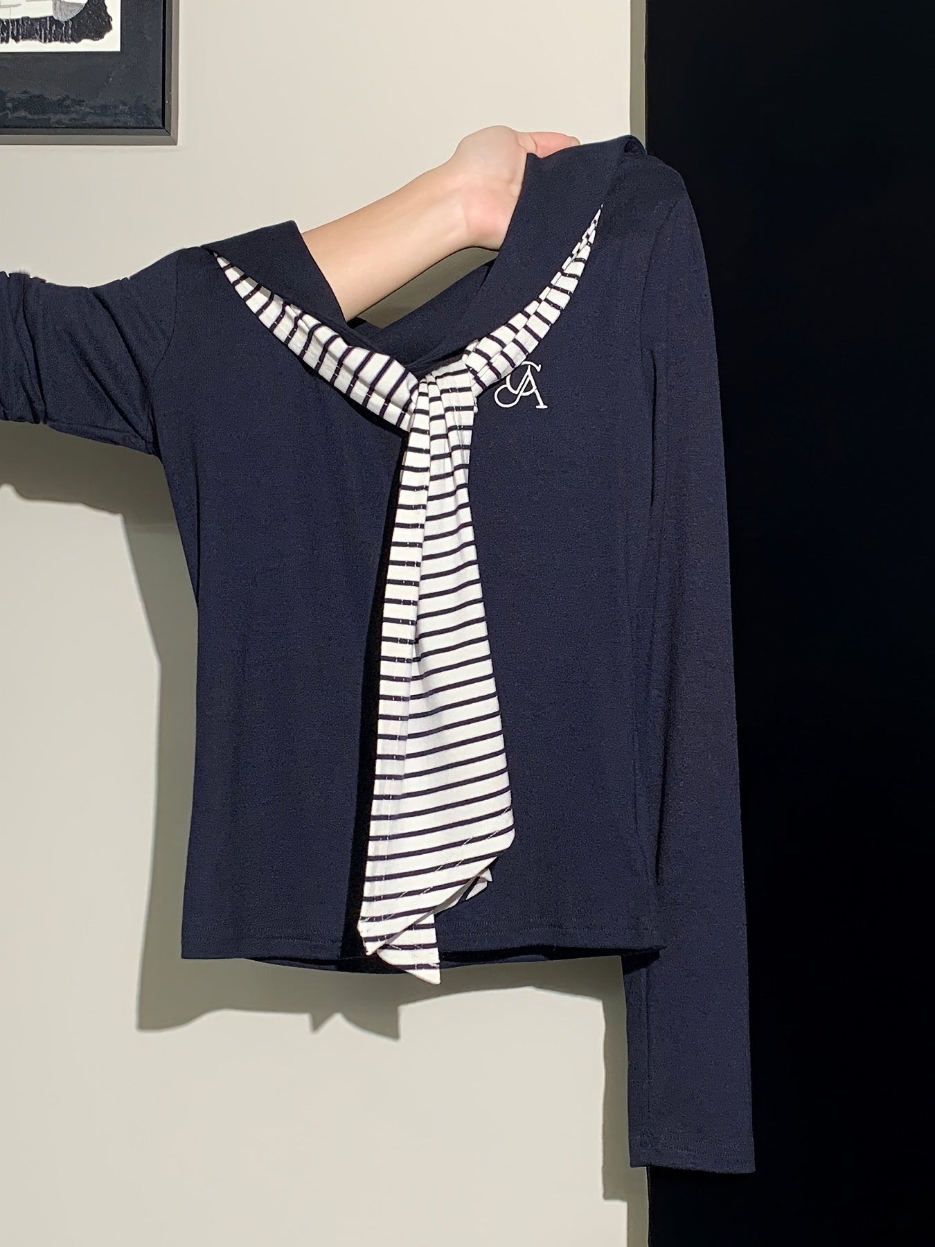 Women's Elegant Navy Blue & White Striped Long Sleeve Tunic Top - Slim-Fit Collar Blouse with Tie Closure