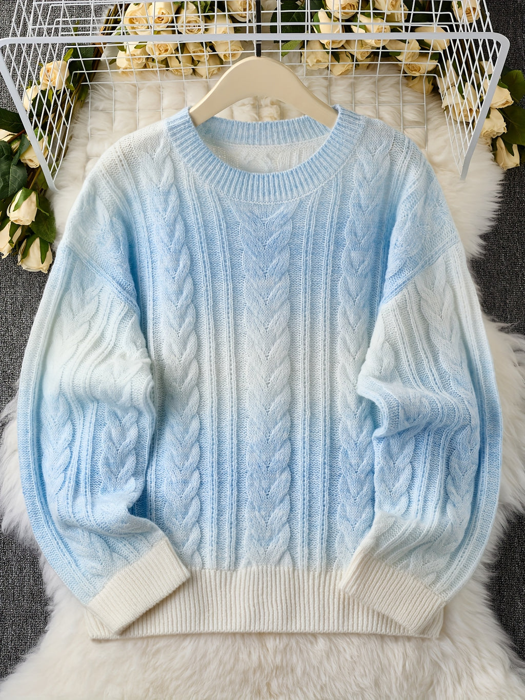 New Thickened Twisted Long Sleeve Sweater for Women in Lazy Style Blue Top
